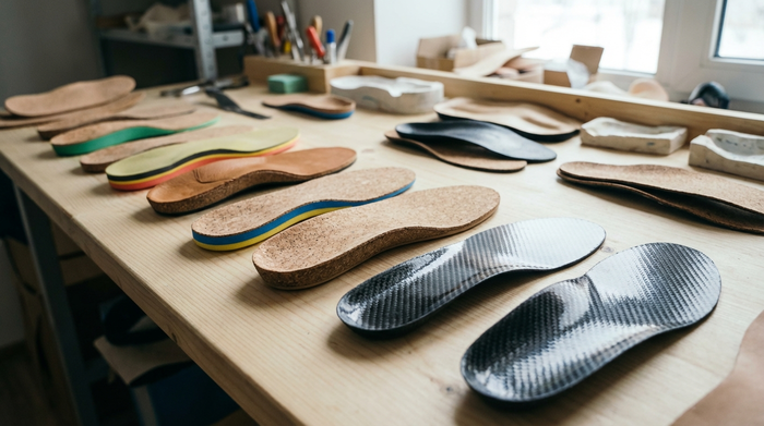 Verschiedene hochwertige orthopädische Einlagen aus Naturkork, weichem Schaumstoff und dunklem Carbon liegen ordentlich auf einem hellen Holztisch in einer Orthopädiewerkstatt. Im Hintergrund unscharfes handwerkliches Werkzeug.