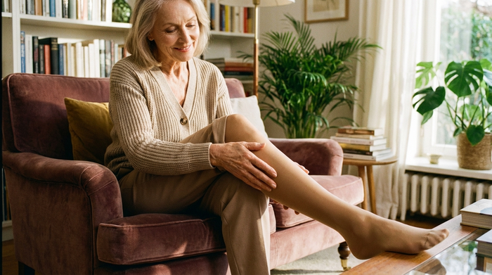 Eine elegante ältere Dame sitzt auf einem bequemen Sessel und streicht sich über ihr Bein. Sie trägt einen modernen, unauffälligen beigefarbenen Kompressionsstrumpf, der wie eine normale feine Strumpfhose aussieht. Sie lächelt entspannt.