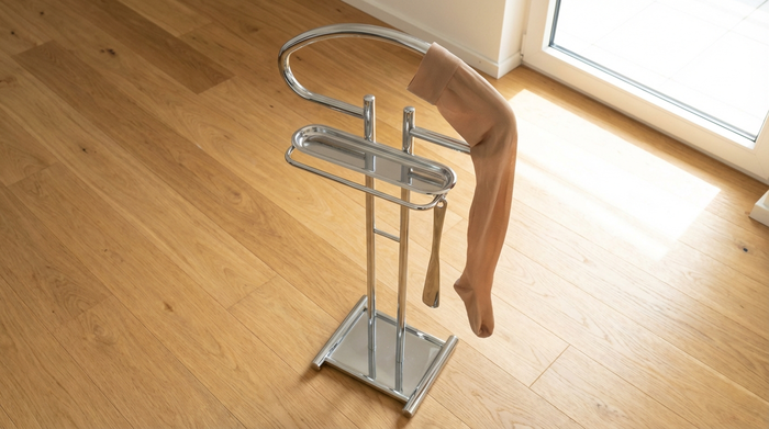Ein praktischer Anzieh-Butler aus glänzendem Metall steht auf einem sauberen Holzboden. Ein hautfarbener Kompressionsstrumpf ist ordentlich über den halbrunden Metallbügel gestülpt, bereit zum einfachen Hineinschlüpfen.