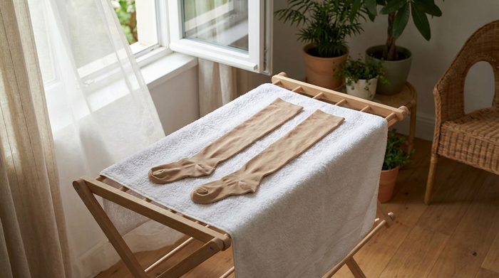 Ein Paar beigefarbene Kompressionsstrümpfe liegt flach ausgebreitet auf einem weißen, flauschigen Handtuch auf einem Wäscheständer an einem schattigen, luftigen Ort im Haus.