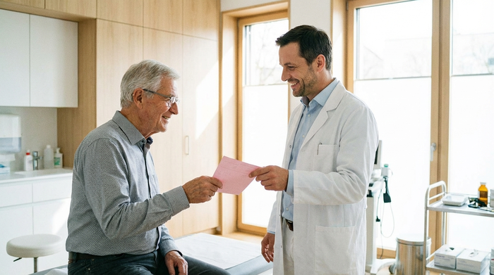 Ein älterer Herr sitzt im Behandlungszimmer eines Arztes. Der Arzt, ein freundlicher Mann im weißen Kittel, übergibt ihm lächelnd ein rosafarbenes Rezept. Helle, moderne Praxis, saubere Umgebung, realistische Szene ohne Schriftzüge.