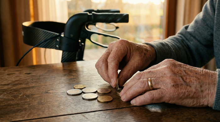 Eine detaillierte Nahaufnahme von Händen einer älteren Person, die einige Euro-Münzen auf einem Holztisch abzählt. Im Hintergrund ist unscharf ein moderner Carbon-Rollator zu erkennen. Warme Beleuchtung, realistische Szene.