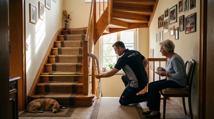 Ein Orthopädietechniker kniet im Flur eines gemütlichen Hauses und misst mit einem Maßband den Raum für einen Treppenlift aus. Eine ältere Frau schaut ihm interessiert zu. Helles, gepflegtes Treppenhaus, authentische Alltagssituation.