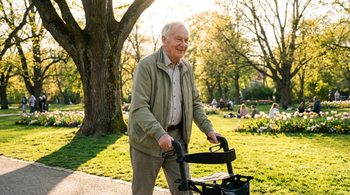 Ein rüstiger Senior spaziert an einem sonnigen Tag mit einem leichten, modernen Rollator durch einen gepflegten Park mit alten Bäumen. Er lächelt entspannt, trägt eine leichte Übergangsjacke. Klare, helle Umgebung.