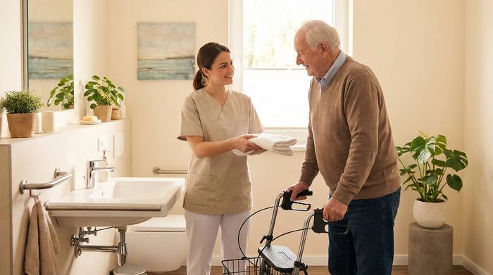 Eine professionelle Pflegekraft reicht einem älteren Herrn behutsam ein frisches Handtuch an einem sauberen, barrierefreien Waschbecken. Ein helles Badezimmer mit einer beruhigenden und respektvollen Stimmung.