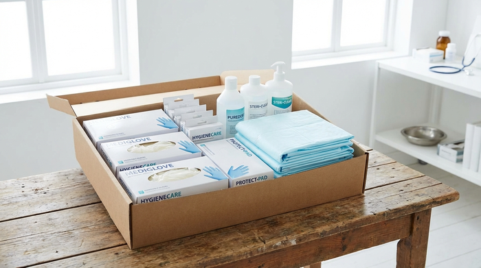 Ein ordentlich sortierter Karton mit verpackten Einmalhandschuhen, Desinfektionsmitteln und Bettschutzeinlagen steht auf einem rustikalen Holztisch. Sauber, hygienisch und gut beleuchtet.