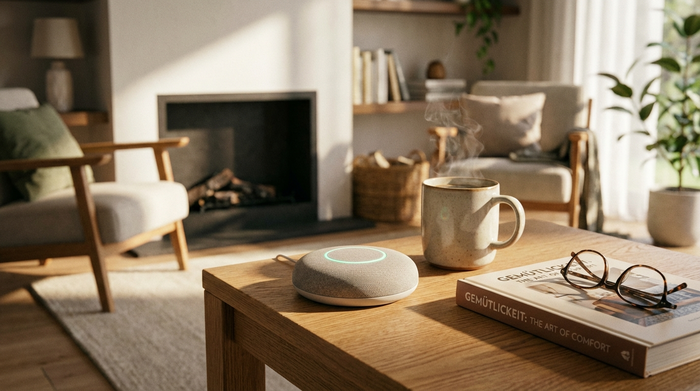 Ein moderner, unauffälliger Hausnotruf-Knopf liegt auf einem kleinen Beistelltisch neben einer dampfenden Kaffeetasse und einem aufgeschlagenen Buch. Ein sicheres, gemütliches Wohnumfeld.