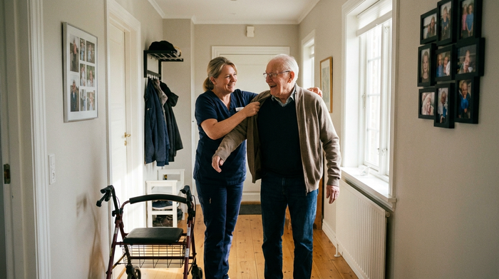 Eine freundliche Pflegekraft hilft einem älteren Herrn beim Anziehen einer Jacke in einem aufgeräumten Flur. Helles Tageslicht, realistische und würdevolle Pflegesituation, keine Texte.