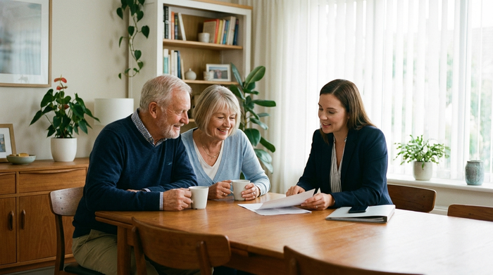 Ein älteres Ehepaar sitzt entspannt mit einer Beraterin am Esstisch bei einer Tasse Kaffee. Die Beraterin erklärt ruhig ein Dokument. Gemütliche, ordentliche häusliche Umgebung ohne lesbare Texte.