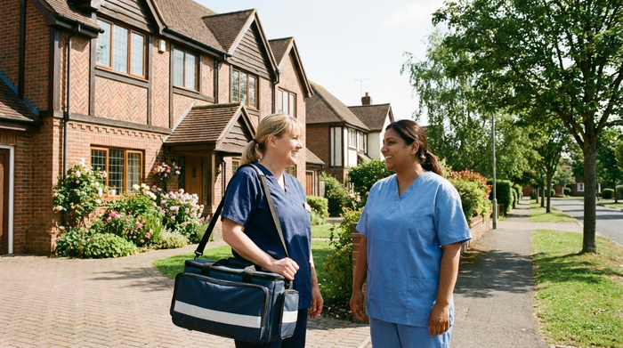 Zwei Pflegekräfte unterhalten sich lächelnd vor einem gepflegten Haus in einer ruhigen Wohngegend. Eine trägt eine Pflegetasche. Freundliche Atmosphäre, sonniges Wetter, klare Umgebung.