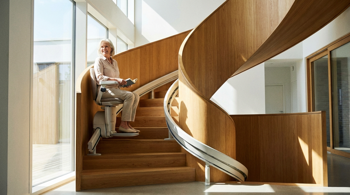 Ein eleganter, moderner Treppenlift an einer geschwungenen Holztreppe in einem hellen Einfamilienhaus. Eine ältere Dame fährt sicher und entspannt nach oben. Clean und realistisch ohne Beschriftungen.