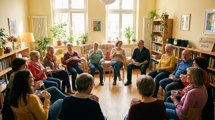 Eine Gruppe von Menschen verschiedenen Alters sitzt im Kreis in einem hellen, freundlichen Raum und tauscht sich bei Tee und Kaffee aus. Ermutigende und unterstützende Stimmung.