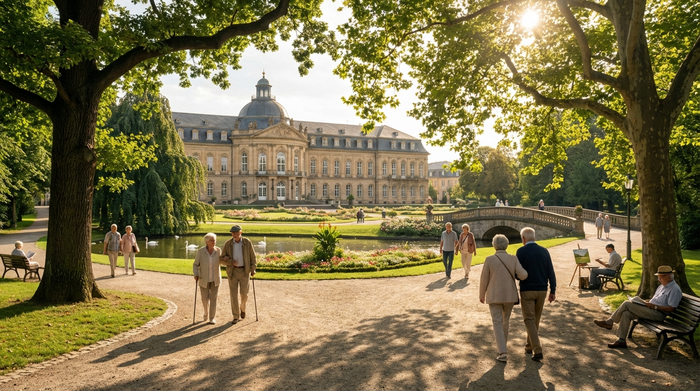 Eine malerische Ansicht eines gepflegten Parks mit alten Bäumen und einem barocken Gebäude im Hintergrund an einem sonnigen Tag. Senioren spazieren entspannt auf den Wegen. Friedliche, städtische Atmosphäre, fotorealistisch.