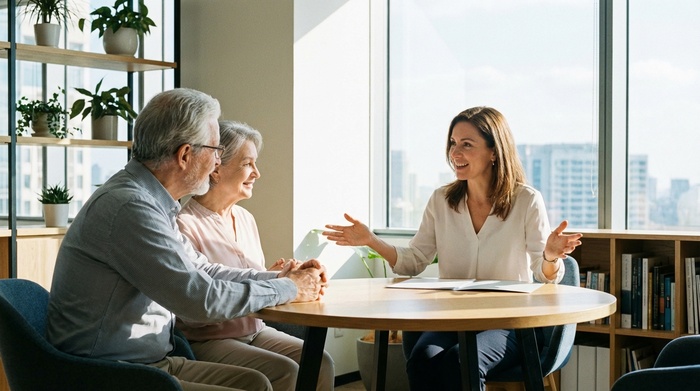 Ein älteres Paar sitzt gemeinsam mit einer Beraterin an einem runden Holztisch. Die Beraterin erklärt freundlich etwas und gestikuliert offen. Helle Büroumgebung, fokussiert auf das vertrauensvolle Gespräch, keine lesbaren Dokumente.
