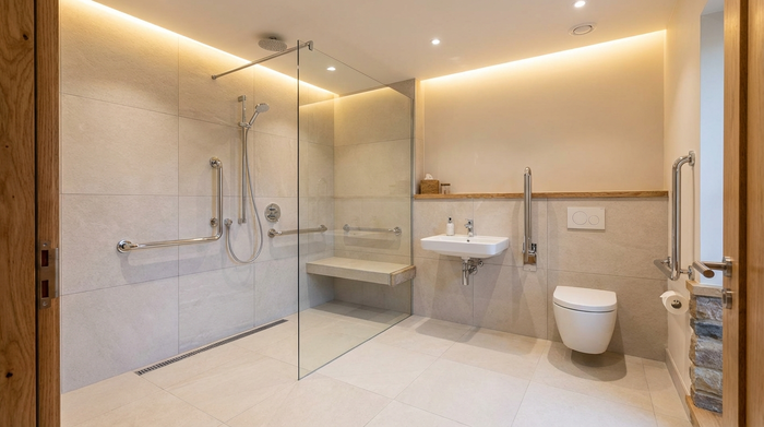 Ein modernes, barrierefreies Badezimmer mit einer geräumigen, bodengleichen Dusche, eleganten Haltegriffen an der Wand und rutschfesten, hellen Fliesen. Sauber, sicher, gut ausgeleuchtet und einladend.