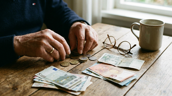 Eine Nahaufnahme von älteren Händen, die sorgfältig Münzen und Geldscheine auf einem Holztisch sortieren. Daneben liegt eine Brille und eine Kaffeetasse. Ruhige, nachdenkliche Stimmung.