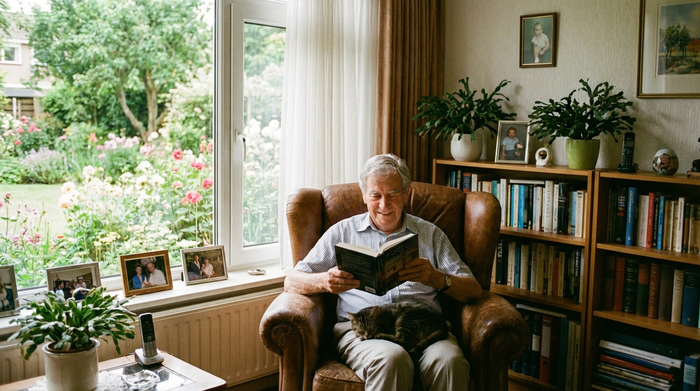 Ein älterer Herr mit grauem Haar sitzt entspannt in einem bequemen Sessel und liest ein Buch. Ein helles, freundliches Zimmer in einer Seniorenresidenz mit Blick in einen grünen Garten.