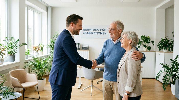 Ein freundlicher Berater im Anzug reicht einem älteren Ehepaar beruhigend die Hand. Im Hintergrund ein helles, aufgeräumtes Büro mit Zimmerpflanzen. Professionelle und unterstützende Atmosphäre.