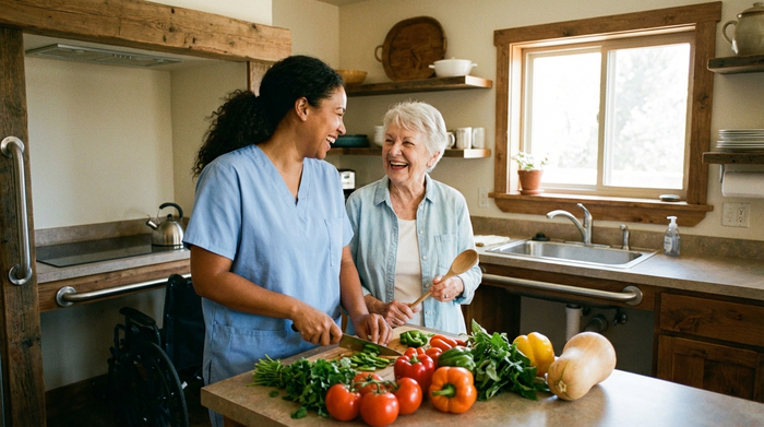 Eine herzliche Pflegekraft in hellblauer Kleidung lacht gemeinsam mit einer Seniorin beim Kochen in einer gemütlichen, barrierefreien Küche. Frisches Gemüse liegt auf der Arbeitsfläche.
