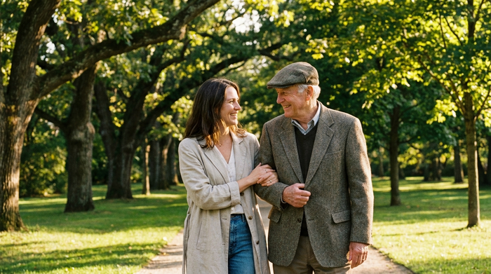 Eine Tochter und ihr älterer Vater spazieren Arm in Arm durch einen sonnigen, gepflegten Park mit alten Bäumen. Beide lächeln entspannt und genießen den Nachmittag.