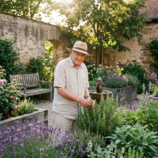 Ein blühender Sinnesgarten mit duftenden Lavendel-Hochbeeten, in dem ein älterer Herr sanft die Blätter einer Pflanze berührt. Warmer Sonnenschein und eine friedliche, geschützte Stimmung.