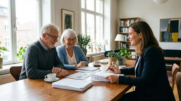 Ein älteres Ehepaar sitzt gemeinsam mit einer freundlichen Beraterin an einem Tisch und bespricht entspannt Dokumente. Helle, professionelle Beratungsatmosphäre, keine lesbaren Texte auf den Papieren.