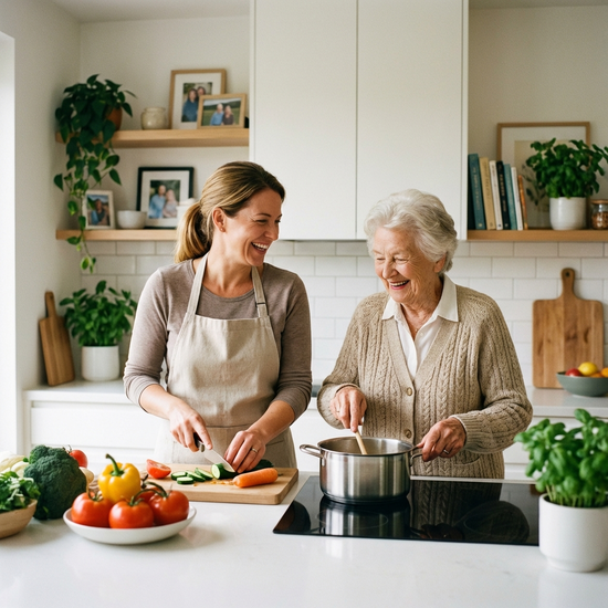 Eine freundliche 24-Stunden-Betreuungskraft kocht gemeinsam mit einer lächelnden Seniorin in einer sauberen, modernen Privatküche. Vertraute, häusliche und harmonische Atmosphäre.