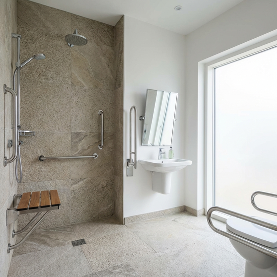 Ein modernes, barrierefreies Badezimmer mit einer ebenerdigen Dusche, rutschfesten Fliesen und stabilen Haltegriffen. Hell, sicher und sehr sauber.