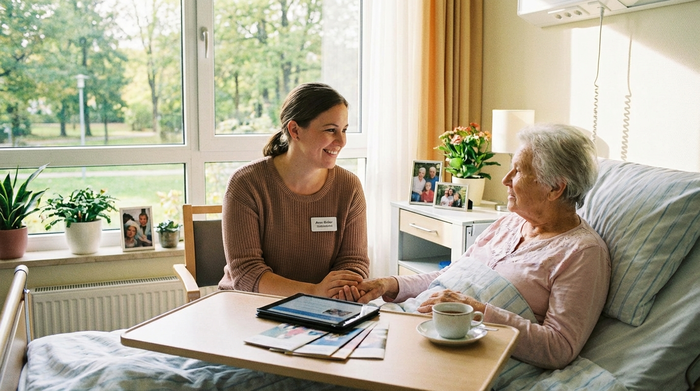Ein freundlicher Sozialarbeiter im Krankenhausgespräch mit einer älteren Dame. Helles Krankenzimmer, professionelle und empathische Beratungssituation.