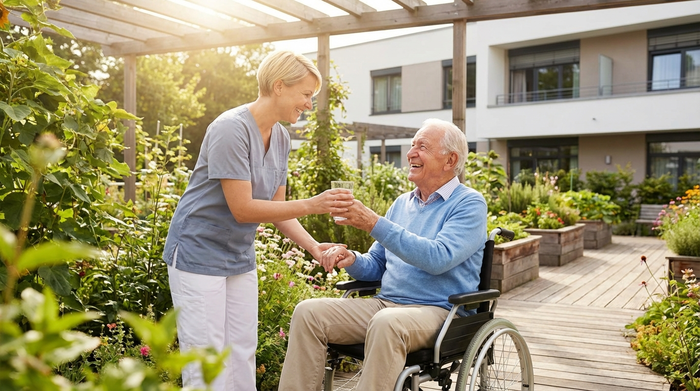 Eine lächelnde Pflegekraft reicht einem älteren Herrn in einem Rollstuhl ein Glas Wasser in einem sonnigen, modernen Pflegeheim-Garten mit vielen grünen Pflanzen.