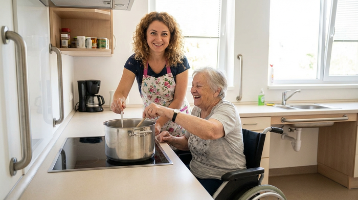 Eine freundliche, osteuropäische Betreuungskraft kocht gemeinsam mit einer lachenden Seniorin in einer sauberen, barrierefreien Küche.