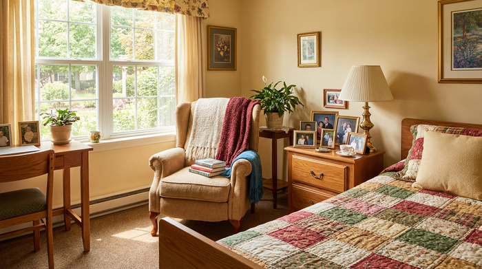 Ein helles, gemütlich eingerichtetes Bewohnerzimmer in einer Seniorenresidenz mit einem bequemen Sessel, einem großen Fenster und persönlichen Familienfotos auf dem Nachttisch.