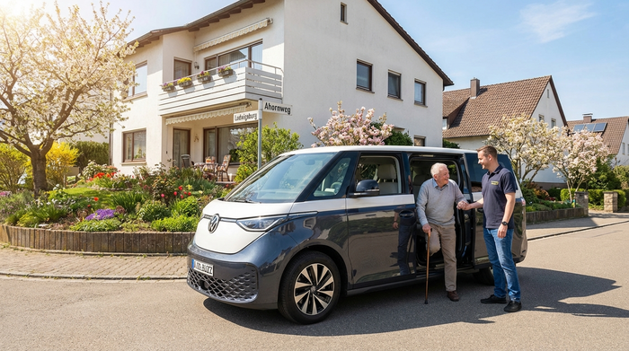 Ein moderner Kleinbus mit geöffneter Schiebetür steht vor einem gepflegten Einfamilienhaus. Ein freundlicher Fahrer hilft einem lächelnden Senior mit Gehstock beim Einsteigen. Sonniges Wetter, Vorstadtidylle in Ludwigsburg.