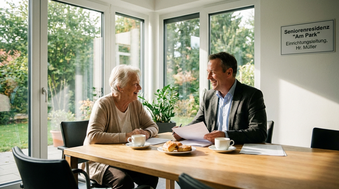 Eine ältere Dame und ein Einrichtungsleiter sitzen bei einer Tasse Kaffee zusammen an einem Tisch und besprechen entspannt Dokumente. Freundliche, vertrauensvolle Atmosphäre in einem modernen Büro.