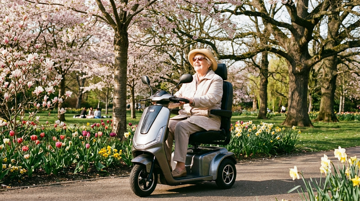 Eine ältere Frau fährt mit einem modernen Elektromobil durch einen blühenden Park mit großen Bäumen. Sie trägt eine leichte Jacke und genießt sichtlich die Sonne und ihre Unabhängigkeit.