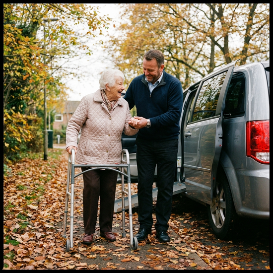 Ein empathischer männlicher Fahrer stützt behutsam eine ältere Dame mit Rollator auf dem Weg von ihrer Haustür zu einem geparkten Transportfahrzeug. Warme, vertrauensvolle Stimmung, Herbstlaub auf dem Gehweg.