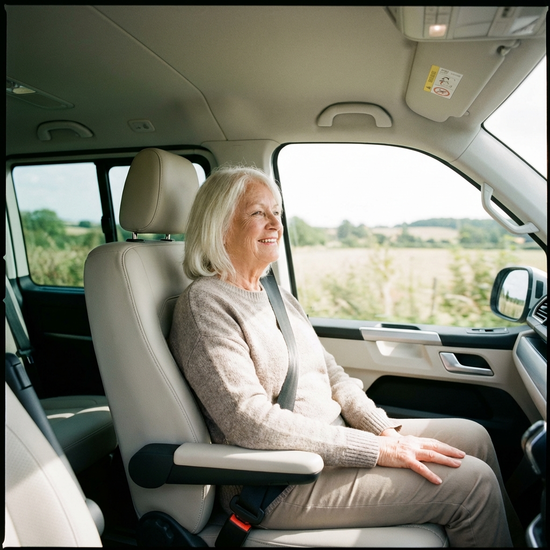 Eine ältere Frau sitzt entspannt und angeschnallt auf dem Beifahrersitz eines modernen Transporters und blickt lächelnd aus dem Fenster. Helles Tageslicht, sauberes und komfortables Interieur.