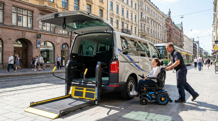 Ein speziell umgerüsteter Kleinbus mit einer ausgefahrenen hydraulischen Hebebühne am Heck. Ein Fahrer schiebt einen modernen Elektrorollstuhl sicher über die Rampe ins Innere. Sonniges Wetter, städtische Umgebung.