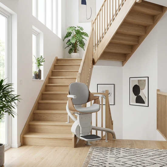 Ein moderner Treppenlift in einem hellen, gepflegten Treppenhaus eines Einfamilienhauses. Der Sitz ist ergonomisch geformt und fügt sich elegant in die wohnliche Umgebung ein.