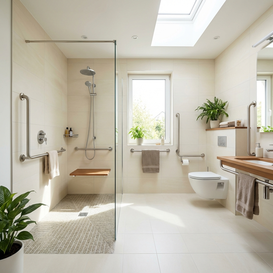Ein barrierefreies, modernes Badezimmer mit einer bodengleichen Dusche, Haltegriffen an den Wänden und einem rutschfesten Boden. Helle Fliesen und viel Tageslicht.