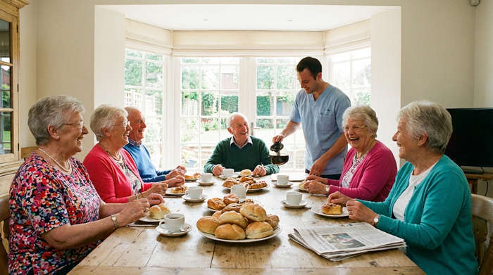 Eine Gruppe fröhlicher Senioren sitzt gemeinsam an einem großen Esstisch beim Frühstück. Auf dem Tisch stehen frische Brötchen und Kaffeetassen. Ein Pfleger gießt Kaffee ein. Helles, freundliches Licht fällt durch ein großes Fenster.