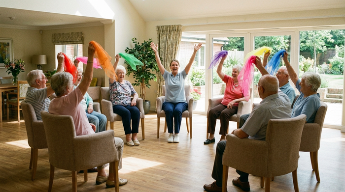 Senioren nehmen an einer Sitzgymnastik teil. Sie sitzen im Kreis auf bequemen Stühlen und heben bunte Tücher in die Luft. Eine motivierte Therapeutin leitet die Übungen an. Helle, freundliche Umgebung ohne störende Texte im Bild.