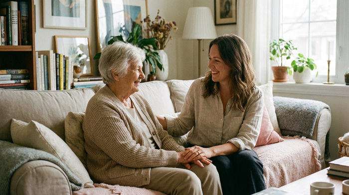 Eine ältere Dame und ihre erwachsene Tochter sitzen entspannt auf einem Sofa im Wohnzimmer und lächeln sich an. Die Tochter hält liebevoll die Hand der Mutter. Entspannte, sorgenfreie Stimmung in einem gemütlichen Zuhause.