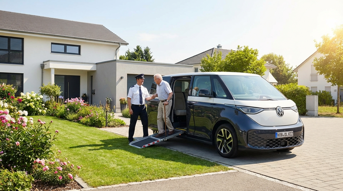 Ein moderner, rollstuhlgerechter Kleinbus parkt vor einem gepflegten Haus mit Garten. Ein freundlicher Fahrer hilft einem älteren Herrn mit Gehstock beim sicheren Einsteigen. Strahlender Sonnenschein und klare, saubere Umgebung.
