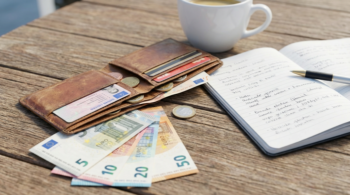 Eine geöffnete Geldbörse auf einem Holztisch, daneben liegen einige Euro-Scheine und ein Notizbuch. Im Hintergrund steht unscharf eine weiße Kaffeetasse. Helle, klare Beleuchtung, fotorealistisch.