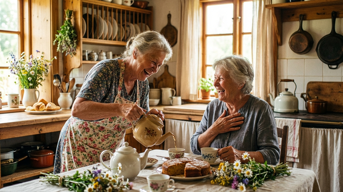 Zwei ältere Frauen sitzen lachend bei einer Tasse Tee an einem rustikalen Küchentisch. Eine der Frauen trägt eine Schürze und schenkt gerade Tee ein. Gemütliche, authentische Küchenatmosphäre mit warmem Licht.
