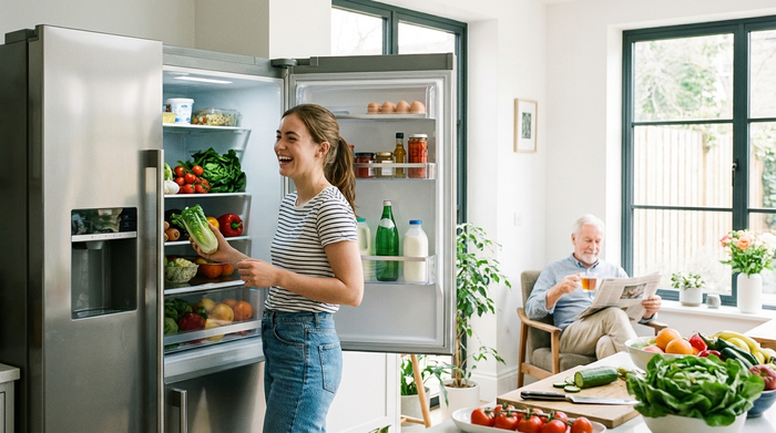 Eine junge Helferin räumt in einer hellen, modernen Küche frisches Gemüse und Obst in einen Kühlschrank, während ein älterer Herr im Hintergrund entspannt in einem Sessel sitzt. Realistische Alltagsszene, fröhliche Stimmung.
