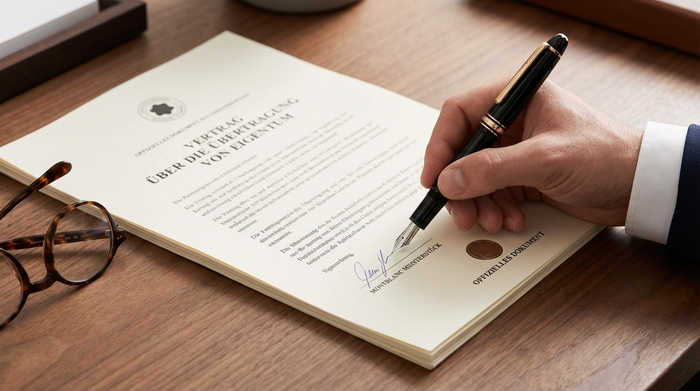 Eine Hand hält einen eleganten Kugelschreiber und unterschreibt ein offiziell aussehendes Papierdokument auf einem aufgeräumten Schreibtisch. Daneben liegt eine klassische Lesebrille. Klare, fokussierte Nahaufnahme.