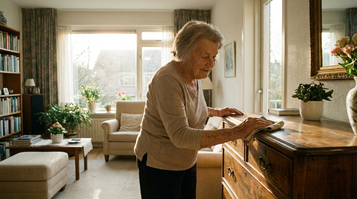 Eine ältere Frau wischt mit einem Staubtuch vorsichtig eine Holzkommode in einem sonnendurchfluteten Wohnzimmer. Fokussierte, ruhige Stimmung, saubere Umgebung, fotorealistisch.