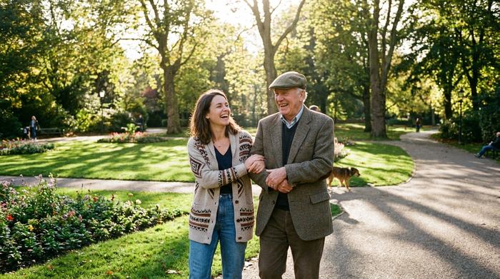 Eine jüngere Pflegekraft und ein älterer Herr spazieren gemeinsam durch einen gepflegten, grünen Park. Sie haken sich unter und lachen fröhlich im Sonnenlicht.